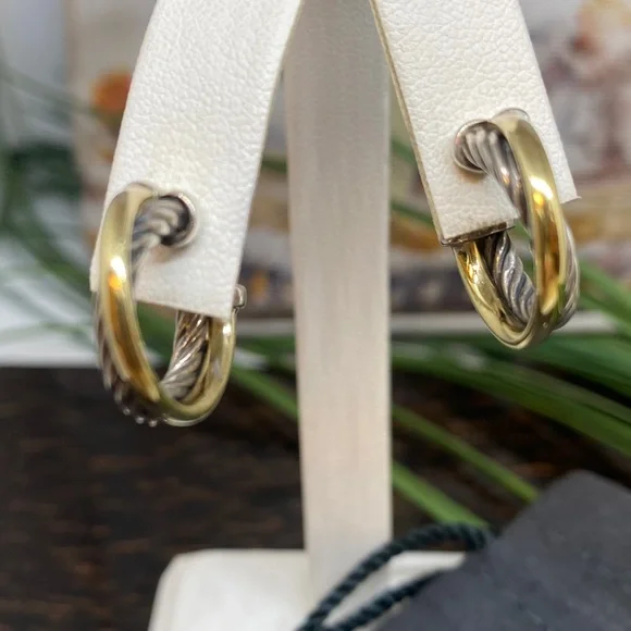 David Yurman Silver Cable 18K Crossover Earrings - Picture 2 of 5